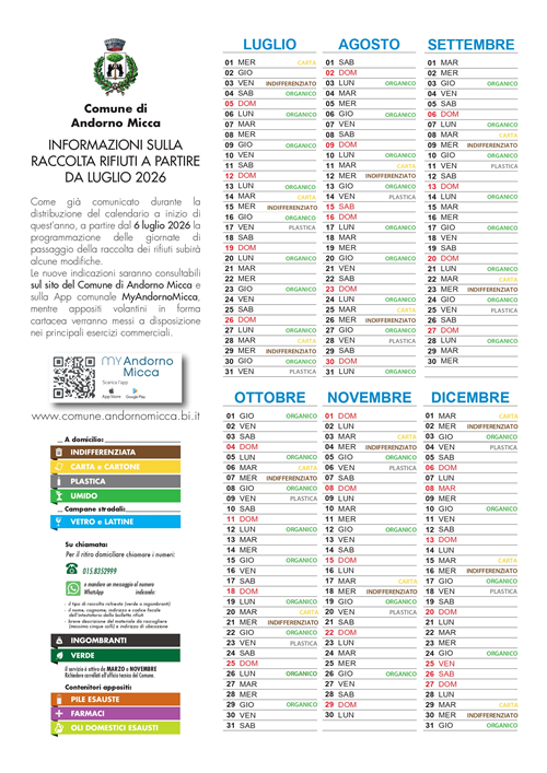 Calendario nuovi passaggi raccolta rifiuti